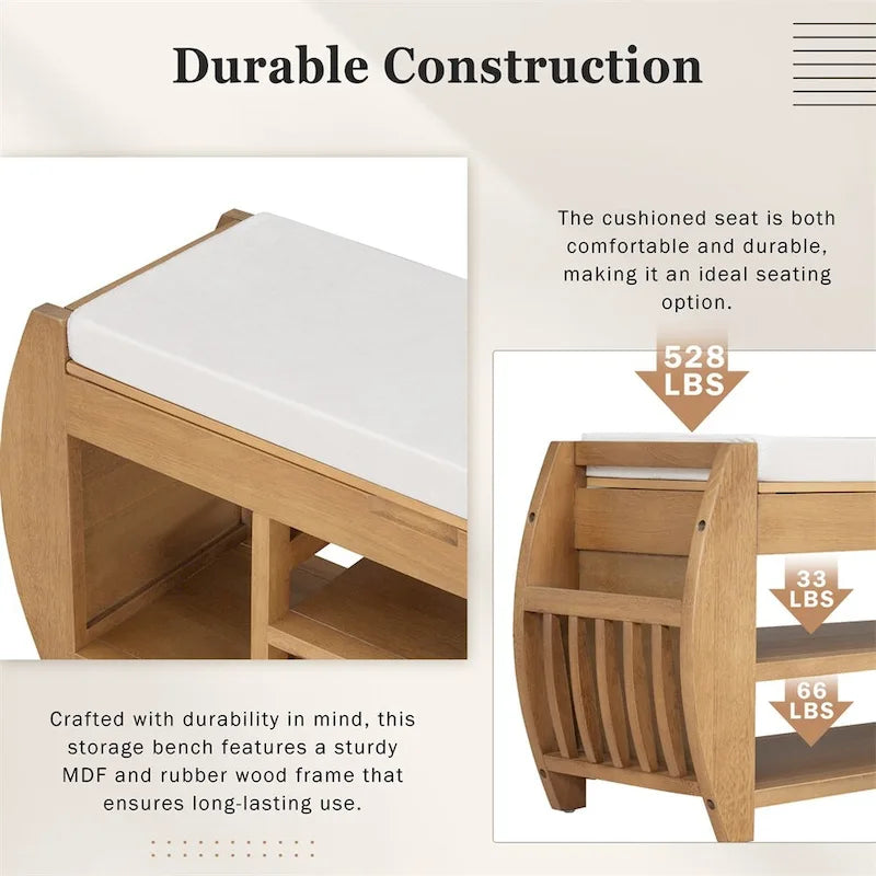 Banc de rangement incurvé avec coussin et étagère à chaussures, 5 coloris, 1 personne