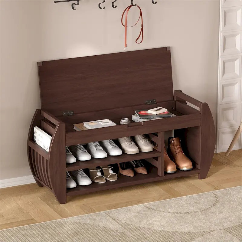 Banc de rangement incurvé avec coussin et étagère à chaussures, 5 coloris, 1 personne