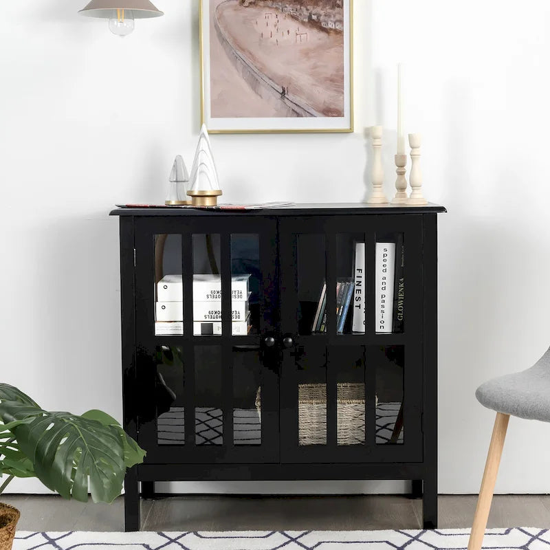 Meuble console vitré à 2 portes avec étagère, noir/gris