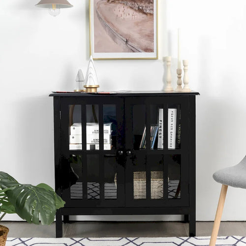 Meuble console vitré à 2 portes avec étagère, noir/gris
