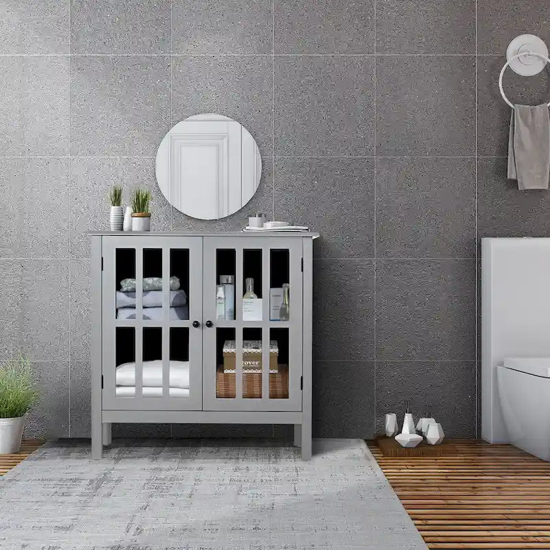 Meuble console vitré à 2 portes avec étagère, noir/gris