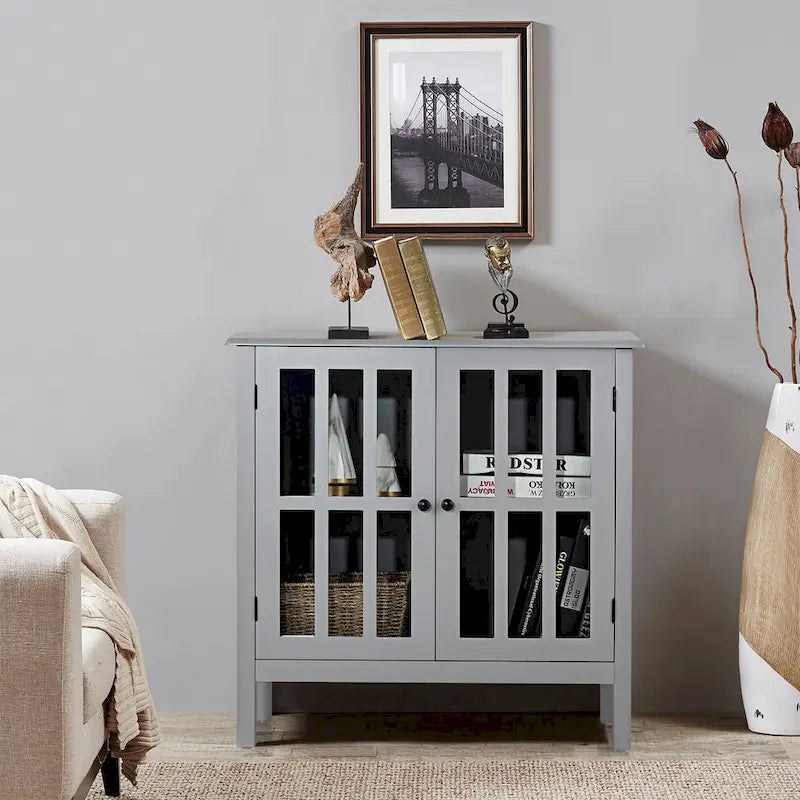 Meuble console vitré à 2 portes avec étagère, noir/gris