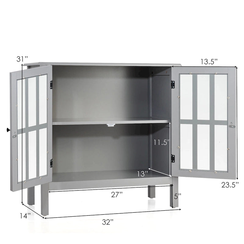 Meuble console vitré à 2 portes avec étagère, noir/gris