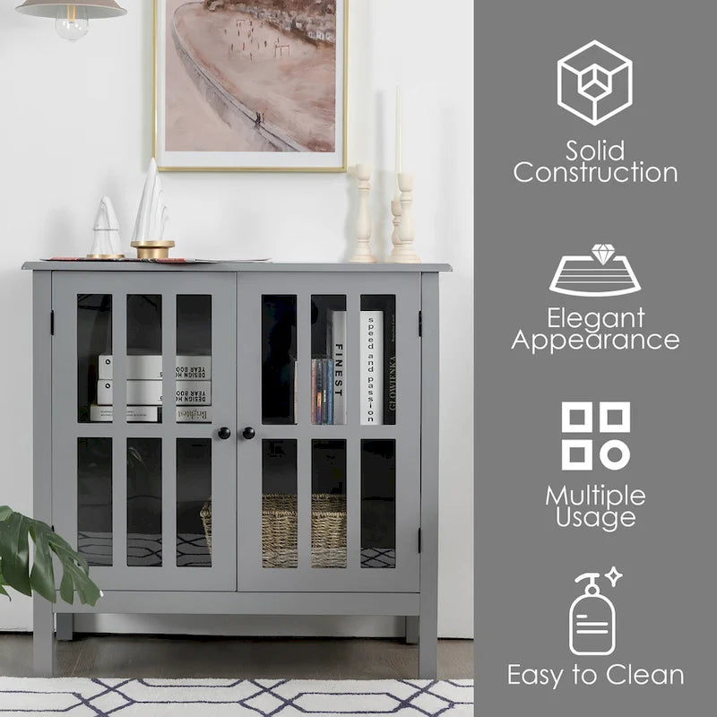 Meuble console vitré à 2 portes avec étagère, noir/gris