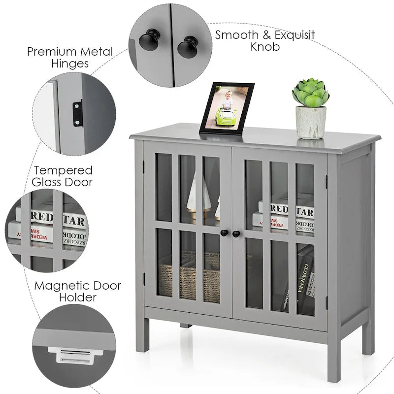 Meuble console vitré à 2 portes avec étagère, noir/gris