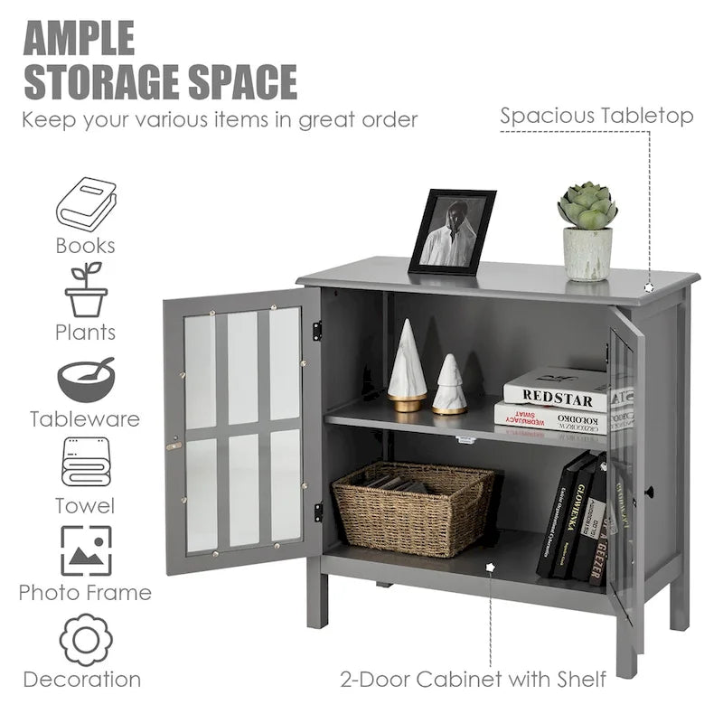 Meuble console vitré à 2 portes avec étagère, noir/gris