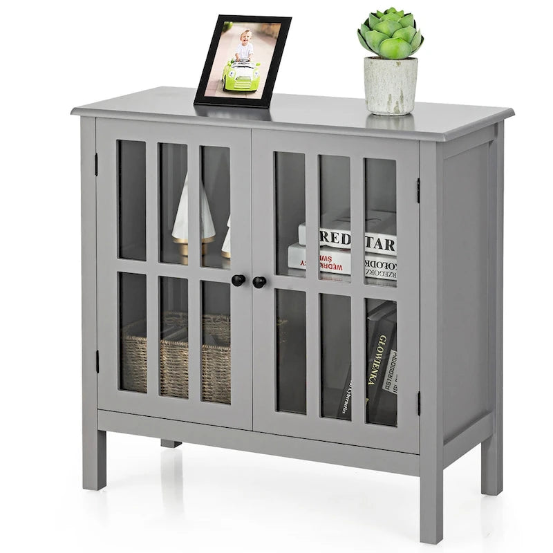 Meuble console vitré à 2 portes avec étagère, noir/gris