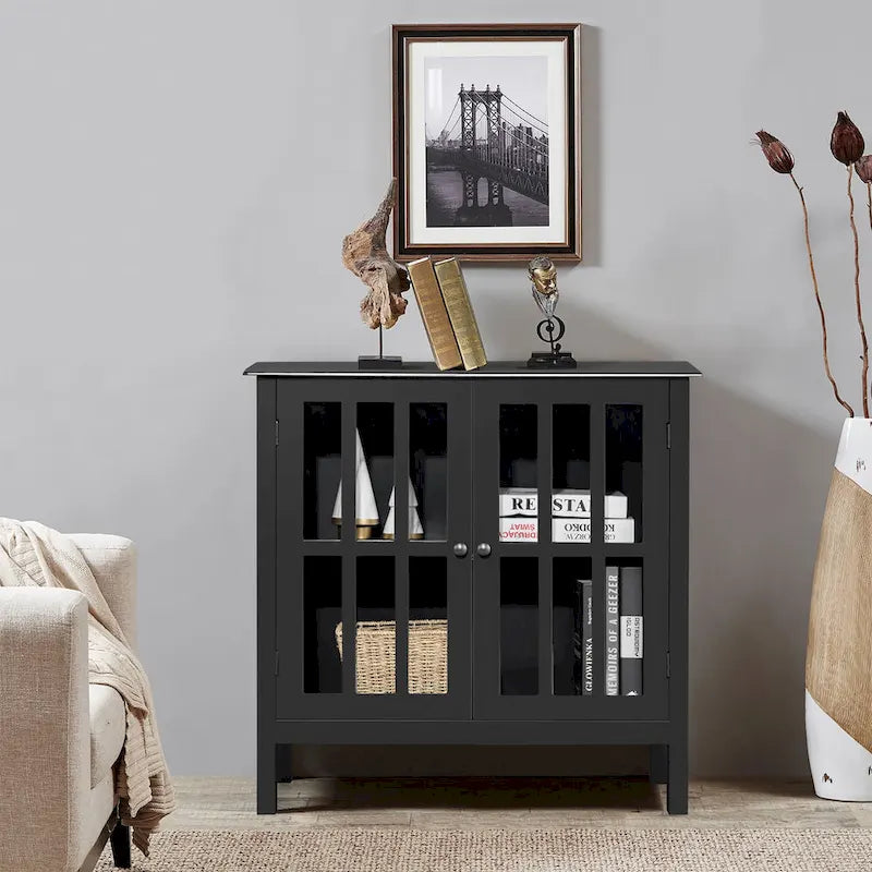 Meuble console vitré à 2 portes avec étagère, noir/gris