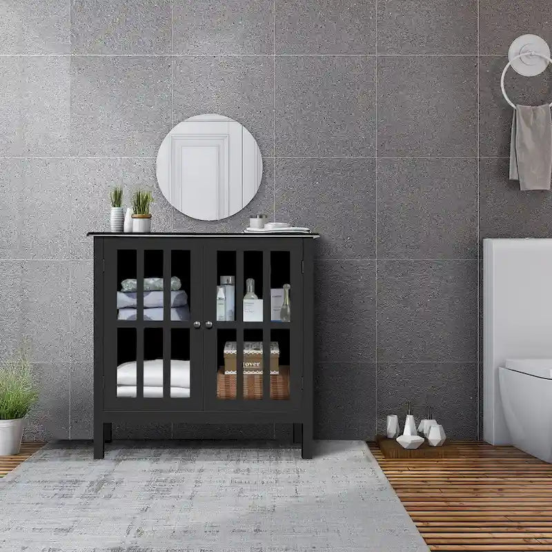 Meuble console vitré à 2 portes avec étagère, noir/gris