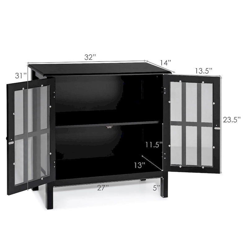 Meuble console vitré à 2 portes avec étagère, noir/gris