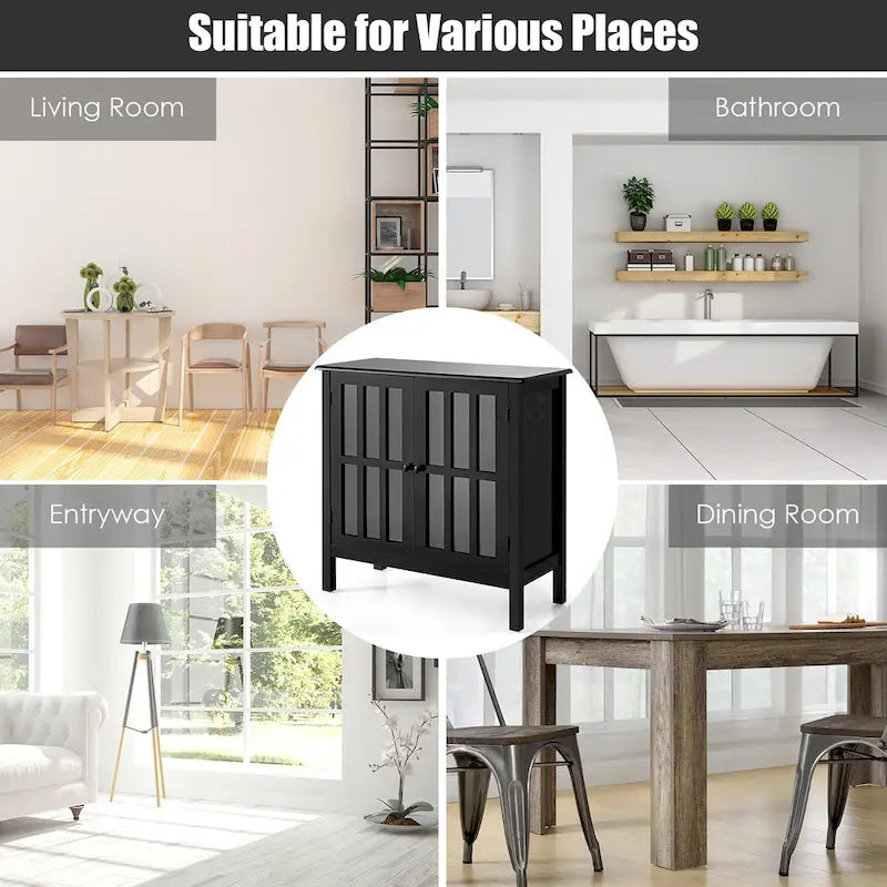 Meuble console vitré à 2 portes avec étagère, noir/gris