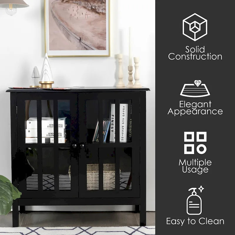 Meuble console vitré à 2 portes avec étagère, noir/gris