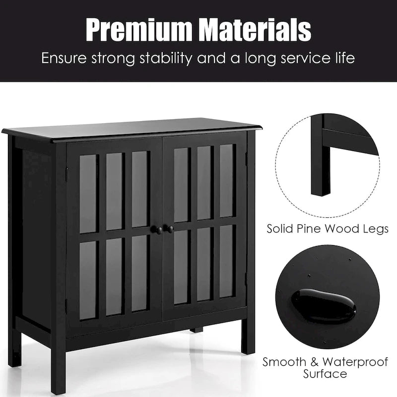 Meuble console vitré à 2 portes avec étagère, noir/gris