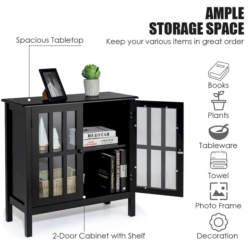 Meuble console vitré à 2 portes avec étagère, noir/gris
