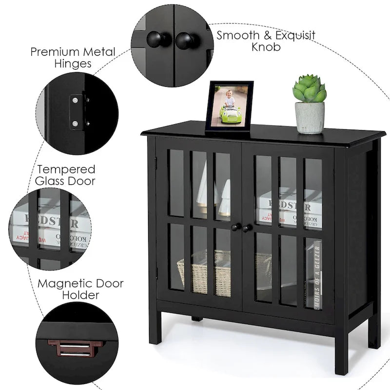 Meuble console vitré à 2 portes avec étagère, noir/gris