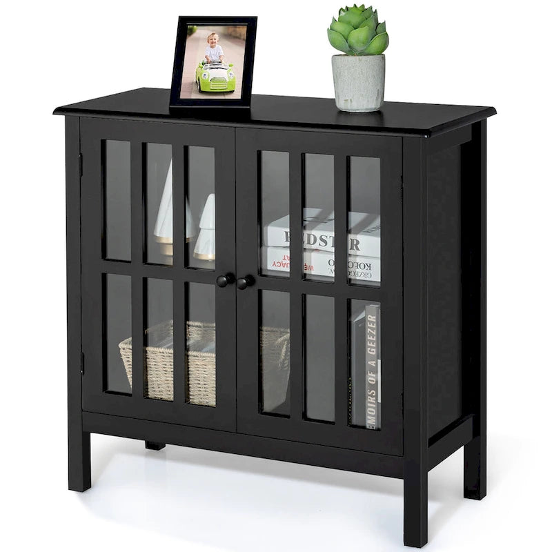 Meuble console vitré à 2 portes avec étagère, noir/gris