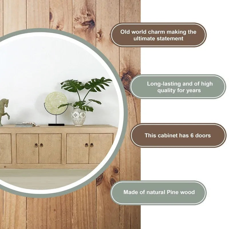 Armoire de rangement 6 portes en pin naturel, style rustique, 221 cm de large