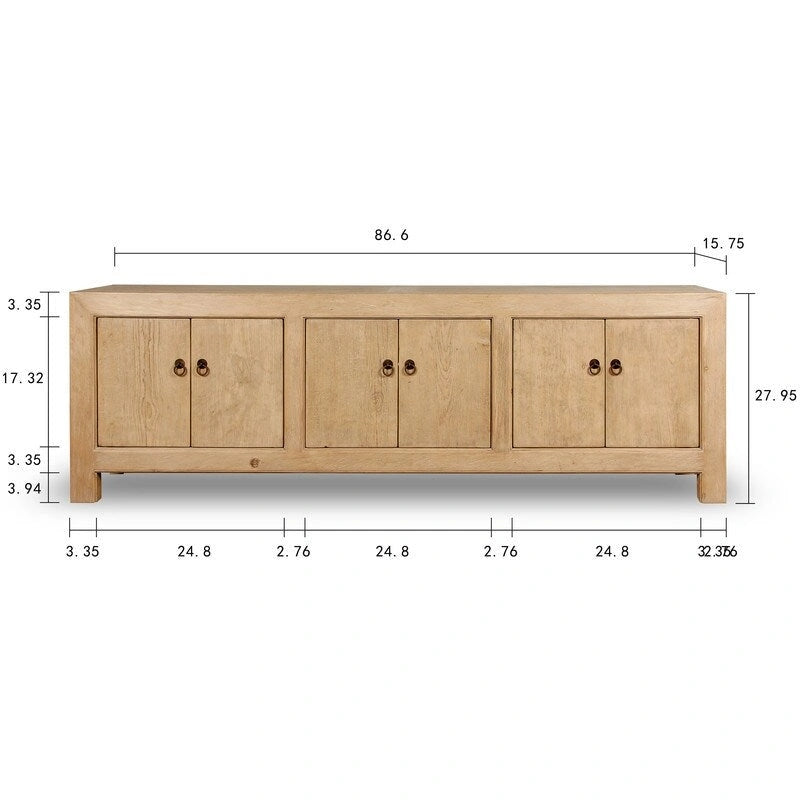 Armoire de rangement 6 portes en pin naturel, style rustique, 221 cm de large