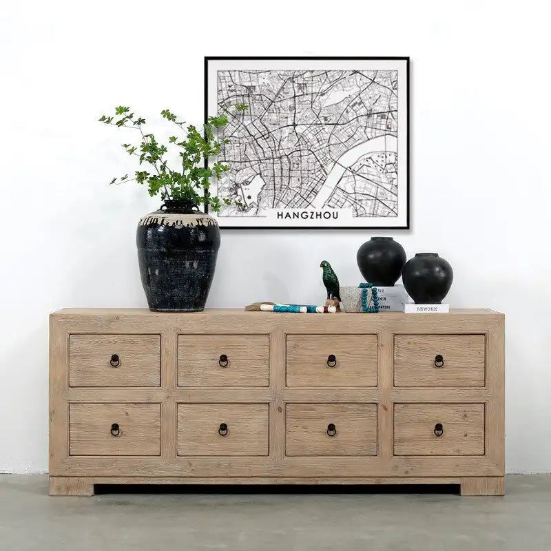 Bahut 8 tiroirs en pin naturel, 226 cm (l) x 46 cm (P) x 89 cm (H)