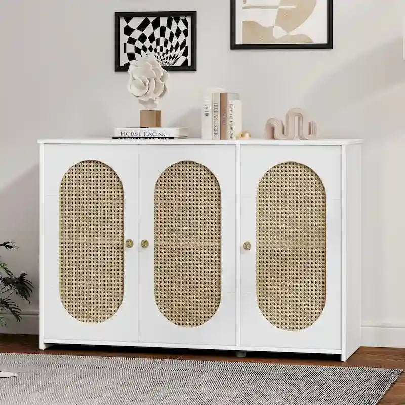 Bahut 3 portes en rotin marron/blanc/bois naturel/noir antique