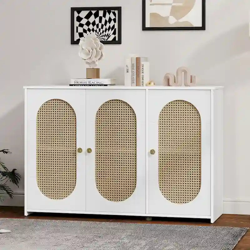 Bahut 3 portes en rotin marron/blanc/bois naturel/noir antique