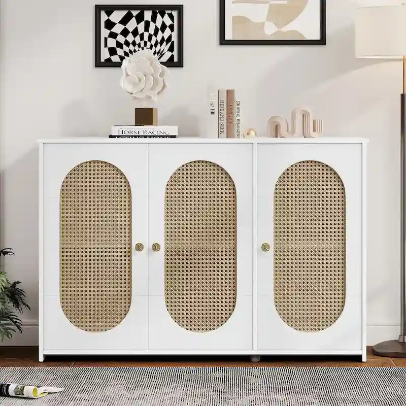 Bahut 3 portes en rotin marron/blanc/bois naturel/noir antique
