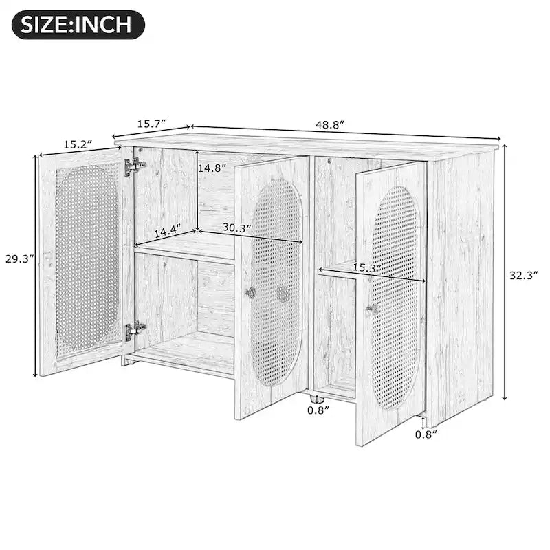 Bahut 3 portes en rotin marron/blanc/bois naturel/noir antique
