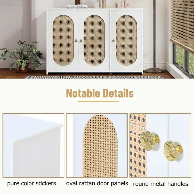Bahut 3 portes en rotin marron/blanc/bois naturel/noir antique