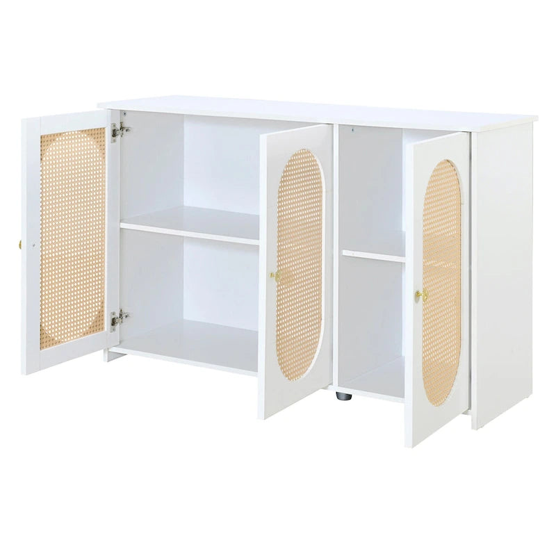 Bahut 3 portes en rotin marron/blanc/bois naturel/noir antique
