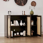 Bahut 3 portes en rotin marron/blanc/bois naturel/noir antique