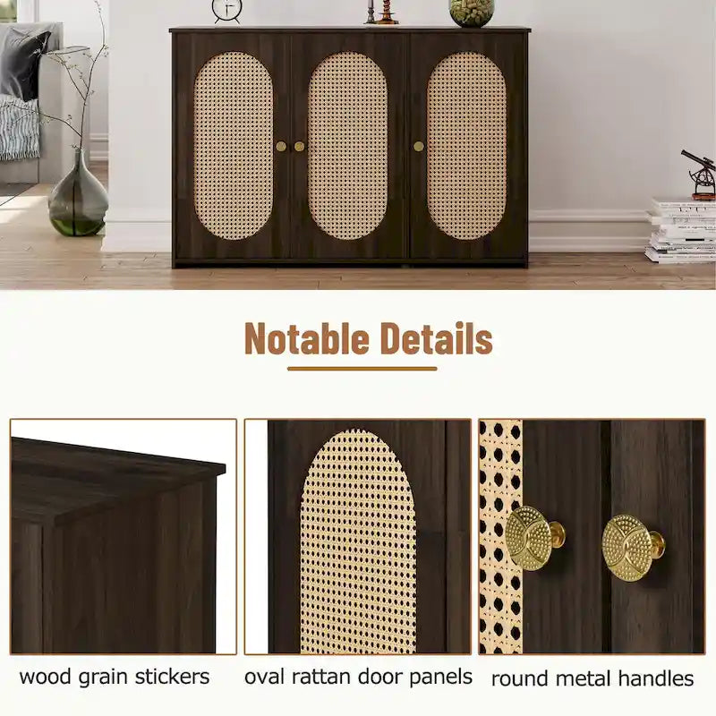 Bahut 3 portes en rotin marron/blanc/bois naturel/noir antique