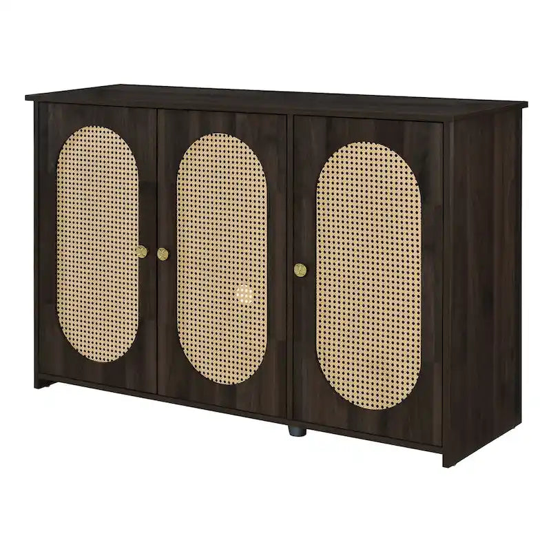 Bahut 3 portes en rotin marron/blanc/bois naturel/noir antique
