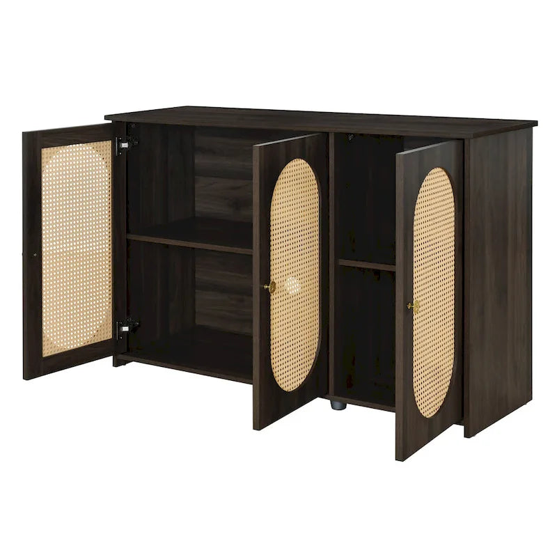 Bahut 3 portes en rotin marron/blanc/bois naturel/noir antique