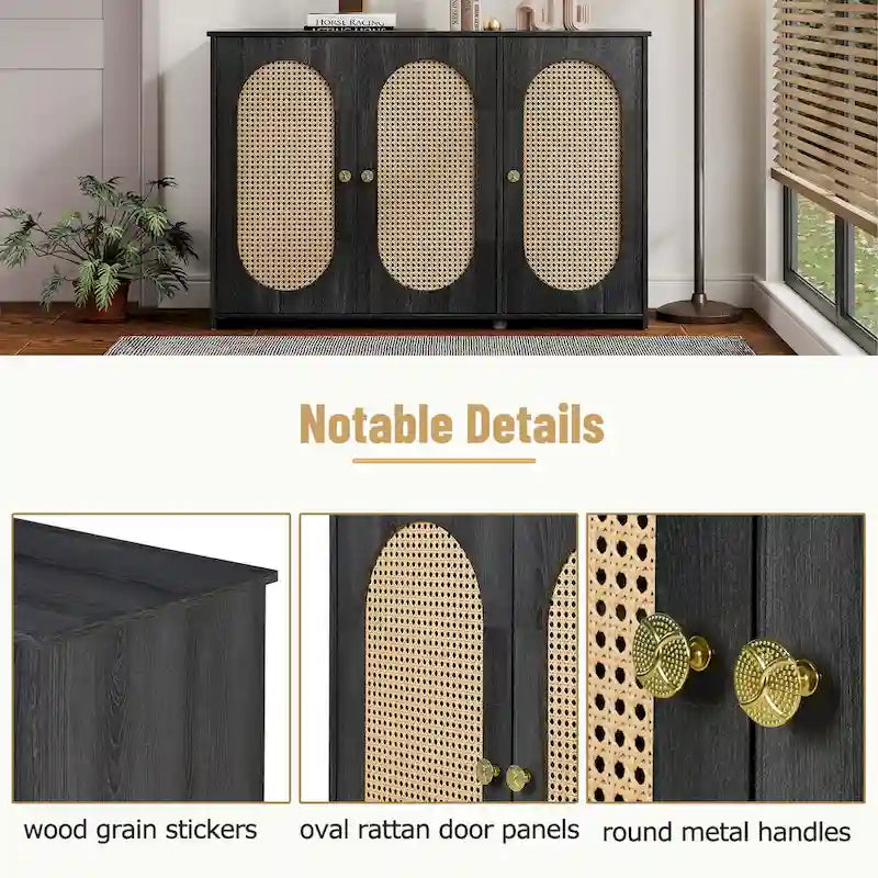 Bahut 3 portes en rotin marron/blanc/bois naturel/noir antique