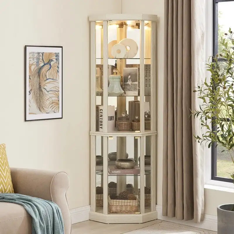 Meuble d'angle blanc avec portes vitrées et éclairage intégré, montage par 1 personne