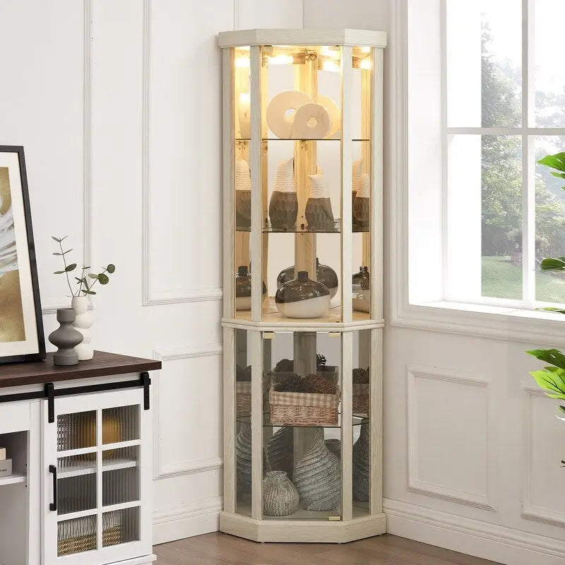 Meuble d'angle blanc avec portes vitrées et éclairage intégré, montage par 1 personne