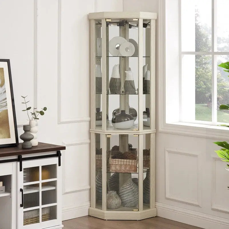 Meuble d'angle blanc avec portes vitrées et éclairage intégré, montage par 1 personne
