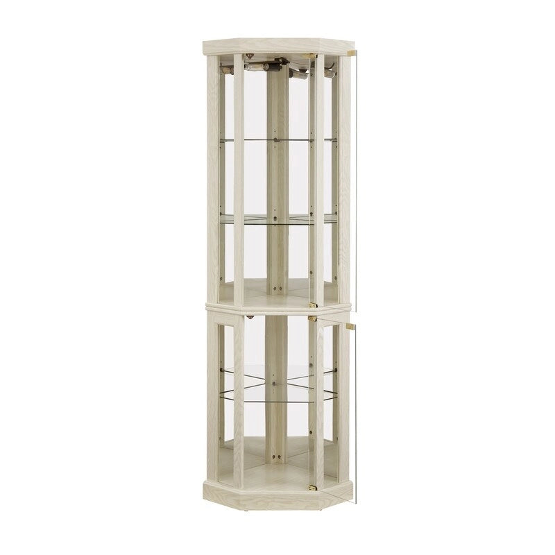 Meuble d'angle blanc avec portes vitrées et éclairage intégré, montage par 1 personne