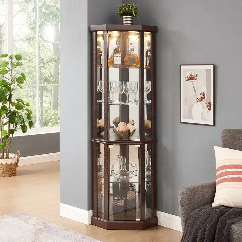 Meuble d'angle blanc avec portes vitrées et éclairage intégré, montage par 1 personne