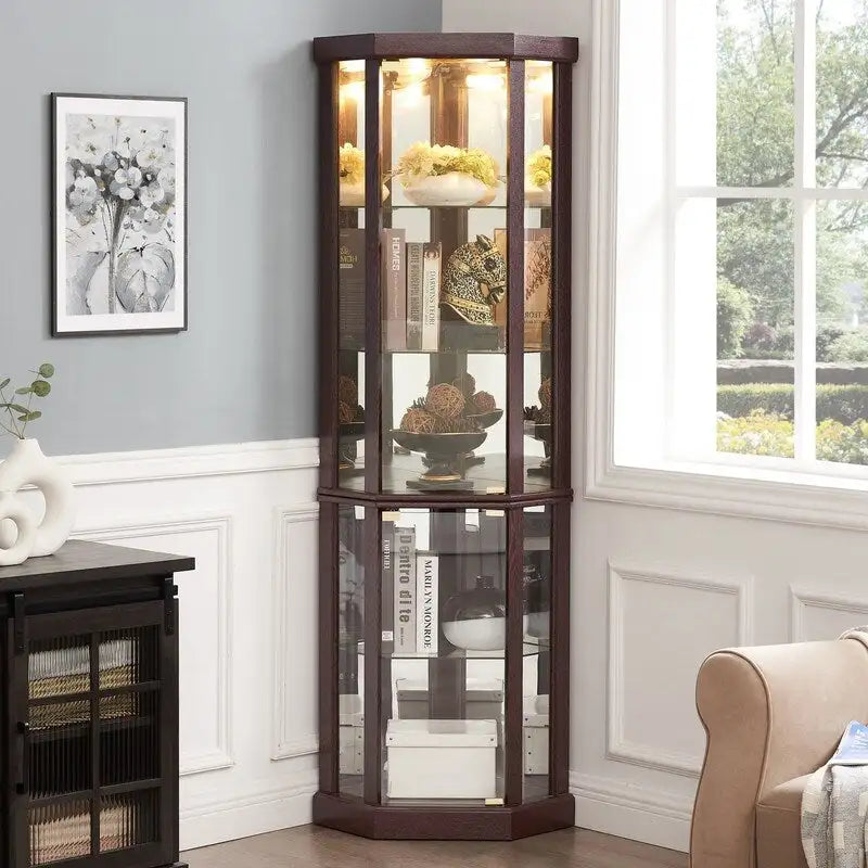 Meuble d'angle blanc avec portes vitrées et éclairage intégré, montage par 1 personne