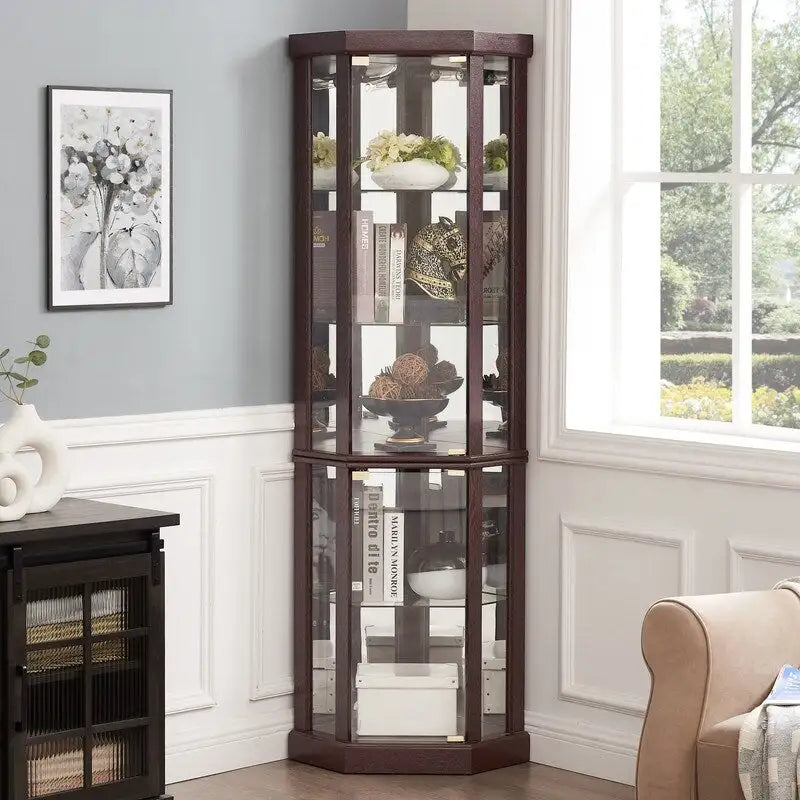 Meuble d'angle blanc avec portes vitrées et éclairage intégré, montage par 1 personne