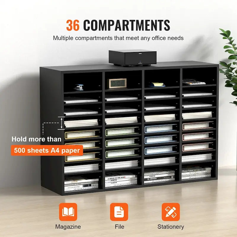 Organisateur de fichiers en bois à 36 compartiments, couleur vintage marron / gris / blanc / noir, pour utilisateur unique
