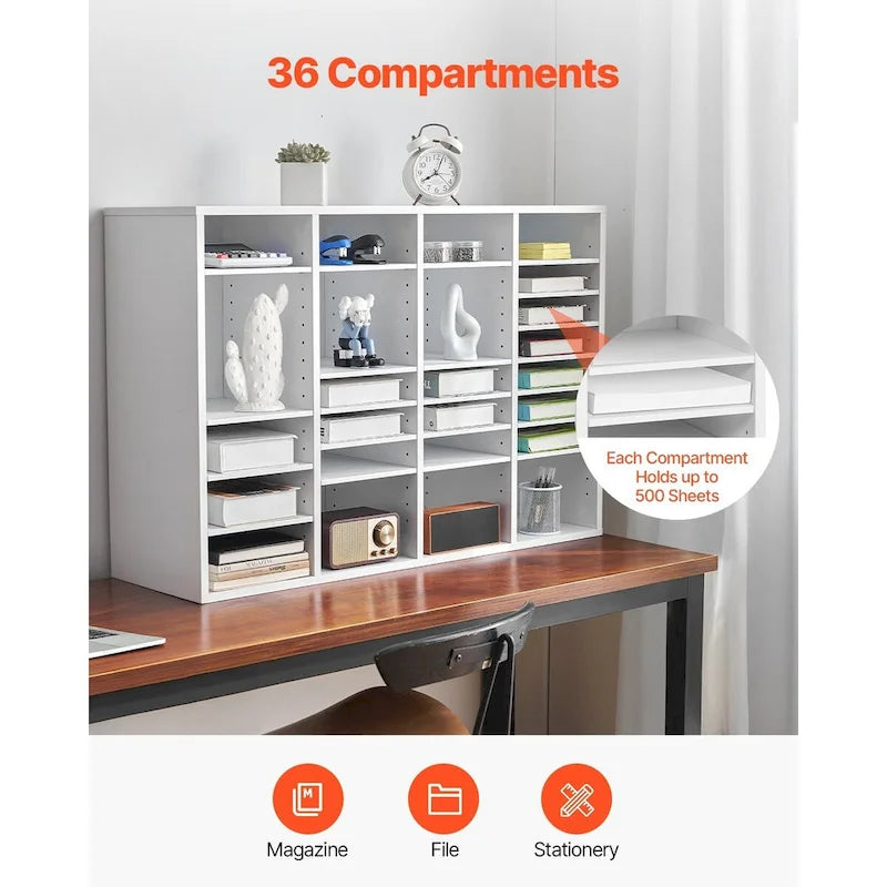 Organisateur de fichiers en bois à 36 compartiments, couleur vintage marron / gris / blanc / noir, pour utilisateur unique