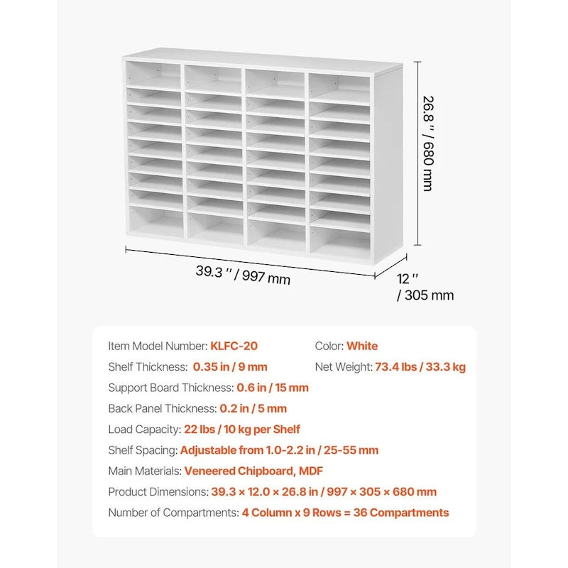 Organisateur de fichiers en bois à 36 compartiments, couleur vintage marron / gris / blanc / noir, pour utilisateur unique