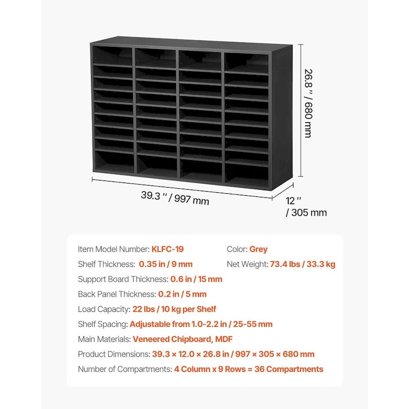 Organisateur de fichiers en bois à 36 compartiments, couleur vintage marron / gris / blanc / noir, pour utilisateur unique