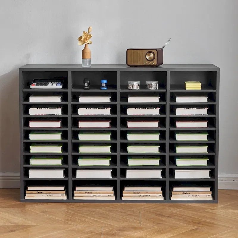Organisateur de fichiers en bois à 36 compartiments, couleur vintage marron / gris / blanc / noir, pour utilisateur unique