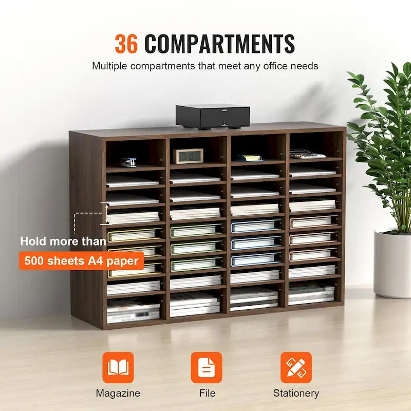 Organisateur de fichiers en bois à 36 compartiments, couleur vintage marron / gris / blanc / noir, pour utilisateur unique