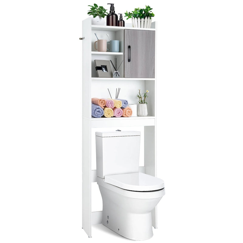 Meuble de rangement WC blanc et gris rustique avec 4 étagères et porte, assemblage par 1 personne