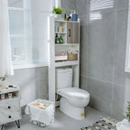 Meuble de rangement WC blanc et gris rustique avec 4 étagères et porte, assemblage par 1 personne