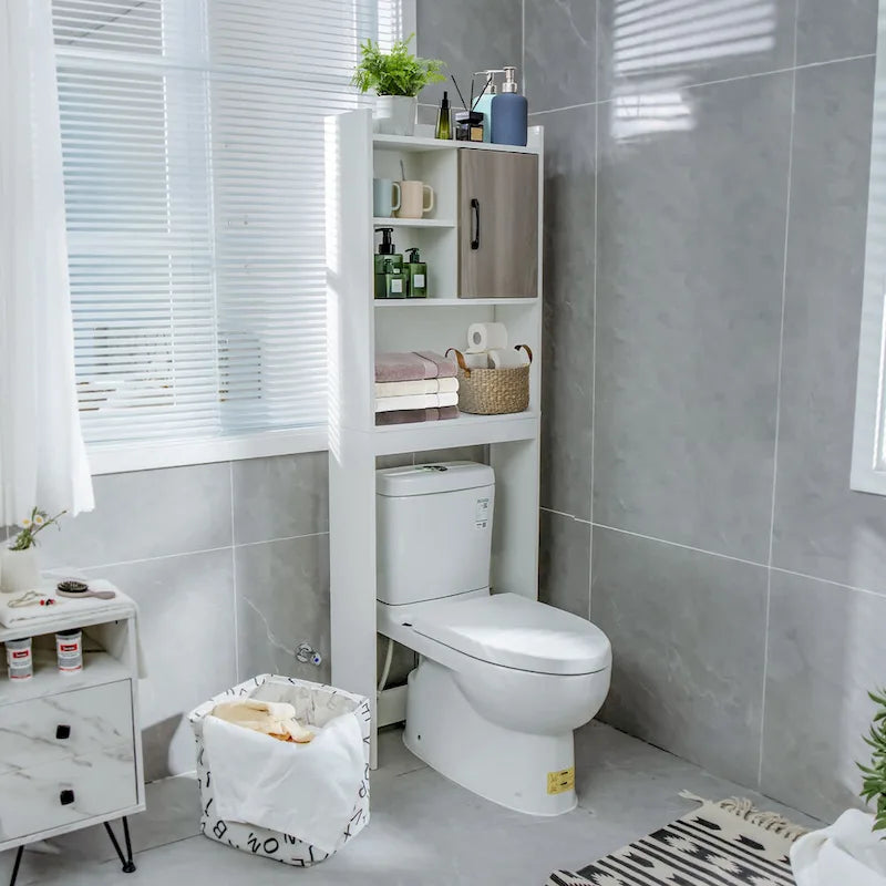Meuble de rangement WC blanc et gris rustique avec 4 étagères et porte, assemblage par 1 personne